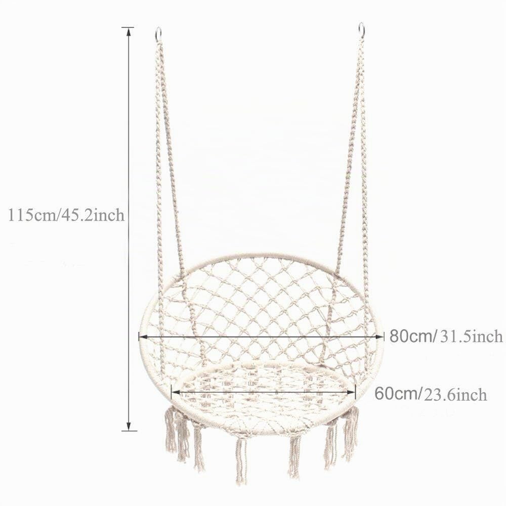 Sedia Sospesa ad Altalena, Lavorata a maglia con Corda in Cotone con Romantiche Frange Macrame’, Sedia Amaca ad Altalena per Interni/Esterni, Patio, Terrazzi, Cortile, Giardino, Bar, Capacità 120 Kg