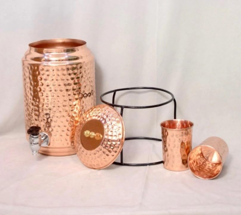 Image of MONISH HANDICRAFTS Metal Copper Water Dispenser 5 Liter with 2 Copper Glasses