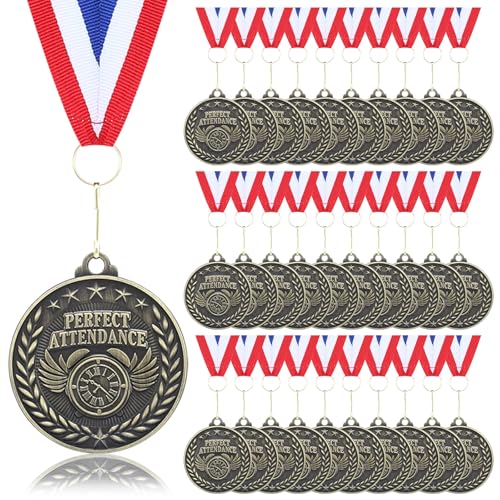 Otuuz 30 Pcs Perfect Attendance Medal Award Bulk 2 Inch Graduation Gold Award Medals with Neck Ribbons Metal Grad Attendance Winner Trophy Team Prize Gifts for Scholastic Academics (Clock)