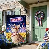 IVN Patriotic Cat Garden Flag 12x18 Inch – Happy 4th Fireworks Night Outdoor Flag, Double Sided Burlap 4th of July Yard Decor for Porch Lawn Patio