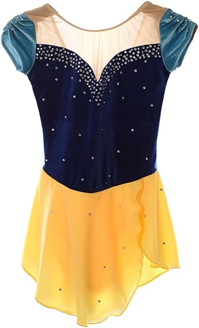 Women's Figure Ice Skating Dress Velvet Short Sleeve Rhinestones Gymnastics Leotard Ballet Dance Wear Outfit