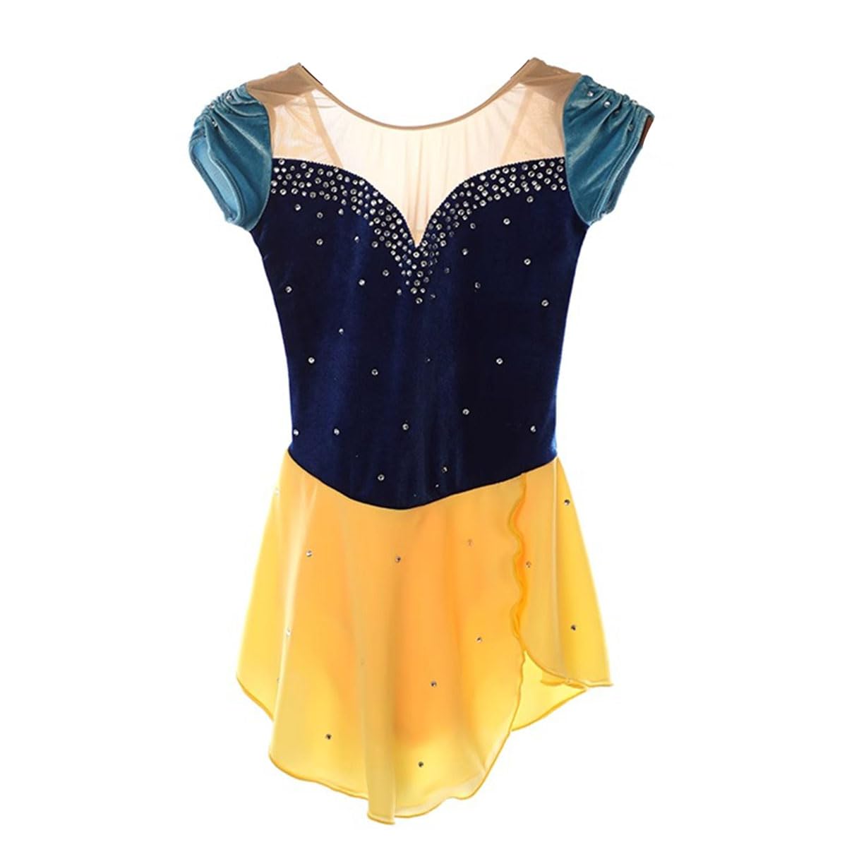 Vestido de Patinaje Artístico con Falda Tutu para Mujer Terciopelo Manga Corta Rhinestones Maillot De Danza Patinaje para Mujer Gimnasia Leotardos Ballet Danza Desgaste Traje,Amarillo,XXL