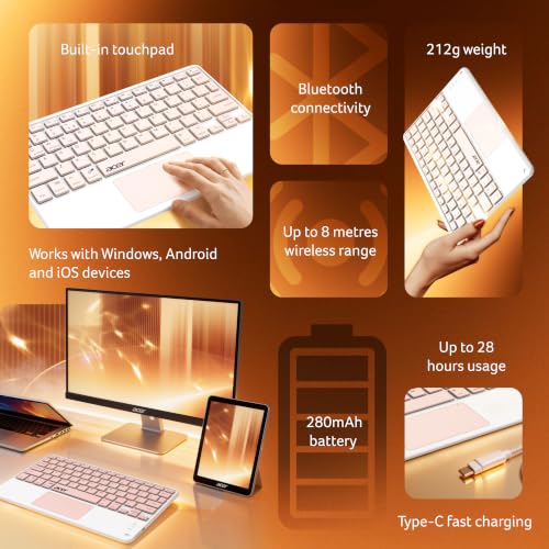 Image of Acer Nano Pad Touch Wireless Keyboard with Built-in Touchpad | Bluetooth Multi-Device Support | 280mAh Rechargeable Battery | Ultra-Slim Portable Design for Windows, Android, iOS & Mac | Peach