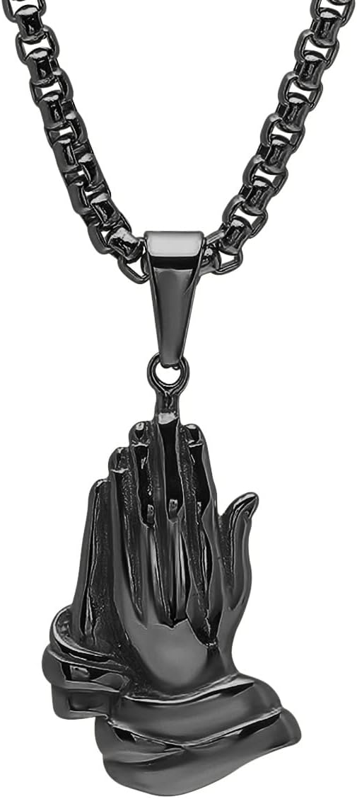Steeltime 18K Plated Stainless Steel Praying Hands Pendant with 24" Inch Box Chain Necklace | Serenity prayer necklace | Religious Necklace for Men & Women | Black IP