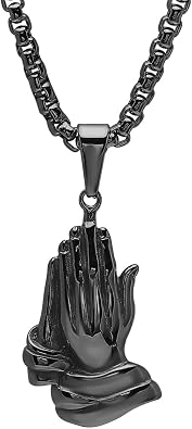 Steeltime 18K Plated Stainless Steel Praying Hands Pendant with 24" Inch Box Chain Necklace | Serenity prayer necklace | Religious Necklace for Men & Women | Black IP