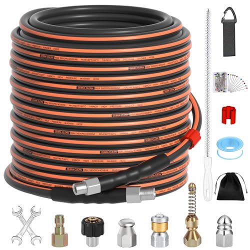 100FT Sewer Jetter Kit for Pressure Washer 1/4 NPT Corner Drain Cleaner Hose 5800 PSI with Sewer Jetting Nozzles Pearl Corsage Pin Waterproof Tape Extension Cord Organizer&2 Spanner
