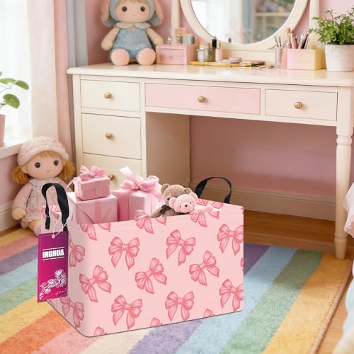 Image of Rectangular Storage Basket Fabric Organizer Bin for Toys,Books,Clothes,Gifts,Pets-Perfect for Home,Office,Nursery,Dorm,Shelf(Rec-Pink bowknots )