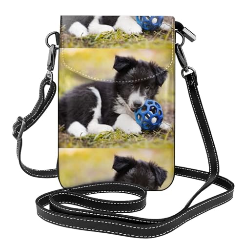Sacoche téléphone femme en cuir PU Border Collie noir et porte-cartes chic