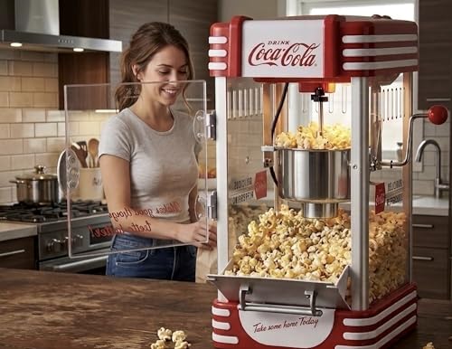 Foto von Salco Coca-Cola Popcornmaschine – Popcorn Maker im Retro-Design in Rot (50er Jahre), Kino-Style, Edelstahlkessel mit Antihaft-Beschichtung, integriertes Rührsystem, Beleuchtung & Kabelaufwicklung