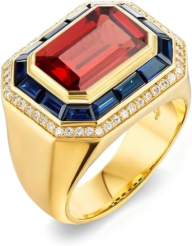 Mens Rings 1.5CT Emerald Cut Gemstone Ring for Men in 10K 14K 18K with 0.5cttw Real Diamond Solid Gold Promise Rings G-H Color,I2-I3 Clarity
