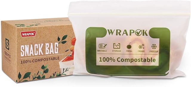 WRAPOK 100% Biodegradable Sandwich Bags Compostable Recyclable Small Freezer Bag for Cookies, 100 Count