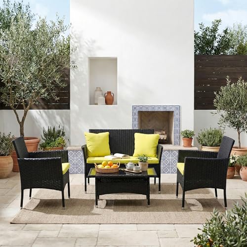 Image of OUTLIVING Outdoor 4 Seater Sofa Set || Patio Furniture Sets || Balcony Sofa || Indoor Sofa || Wicker Rattan Garden Sofa Set with Cushion and Center Table (Black /Green)