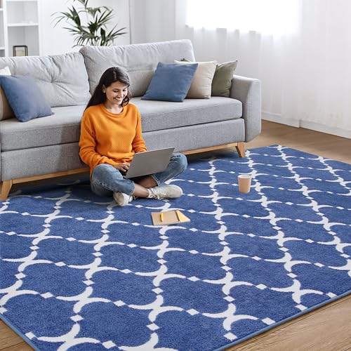 QXKAKA Soft Shag Modern Blue 3x5 Area Rugs for Living Room Bedroom, Machine Washable Non Slip Memory Foam Carpet, Geometric Fluffy Fuzzy Small Rug for Kids Teen Bedside Nursery Dorm Home Decor