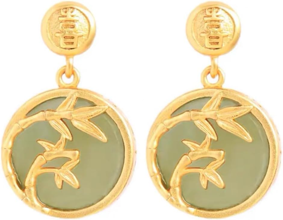 S925 Silver And Gold Plated With Natural Jade Bamboo Leaves Earrings for Women Yoga Genuine