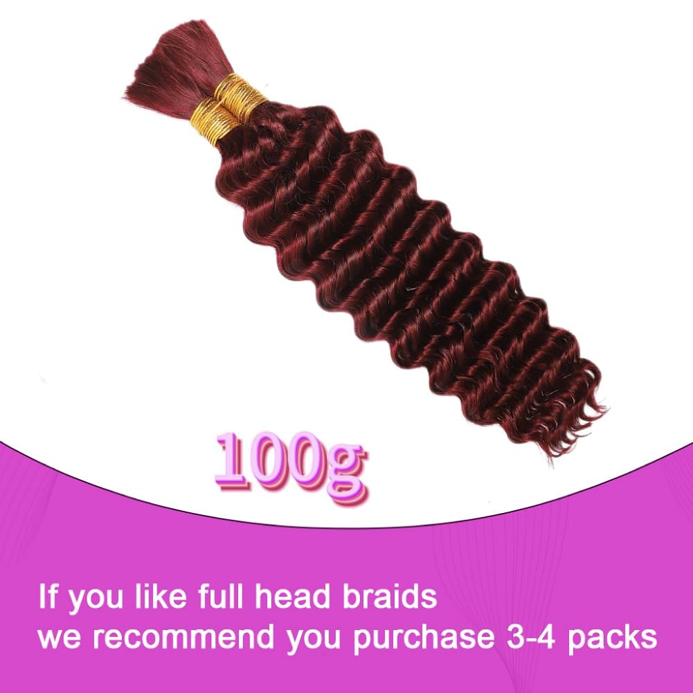 100 Percent Human Boho Braiding Hair DeepWave Bulk Boho Hair for Braiding Curly BundlesHuman Hair for Boho Braids Wet and WawBraiding Hair Extension No Weft (20inch,#99J Burgundy)