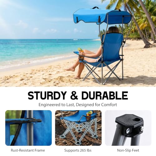 Silla Plegable de Camping Portátil con Dosel, Tela Oxford 600D, Resistente para Exterior, con Sombra Solar, Porta Vasos y Bolsillo de Almacenamiento, para Camping, Playa, Pesca, Picnic y Eventos Deportivos miniatura 6