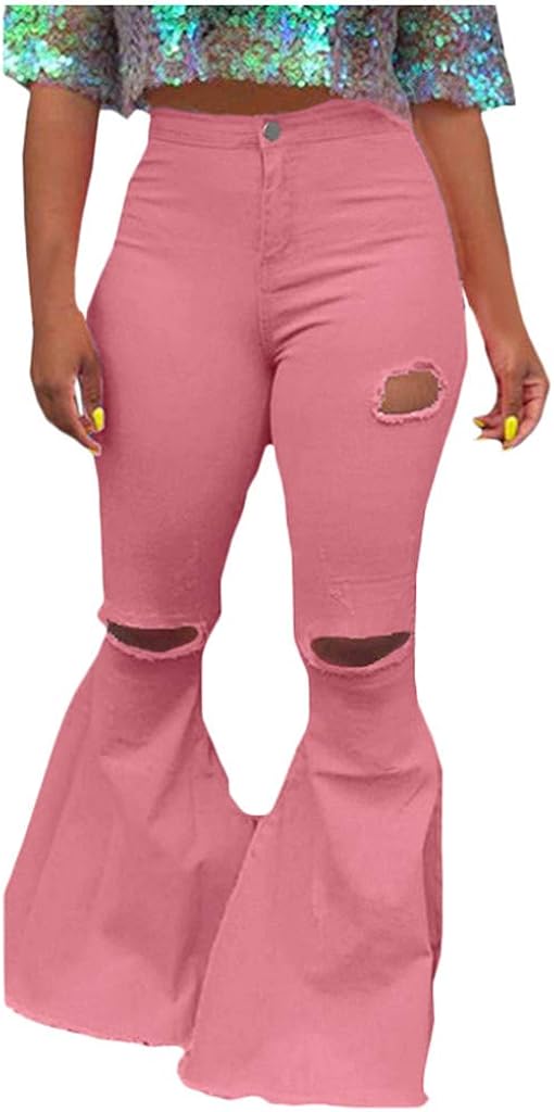 WUAI-Women Bell Bottoms Jeans Classic High Waist Bootcut Flared Denim Pants Plus Size