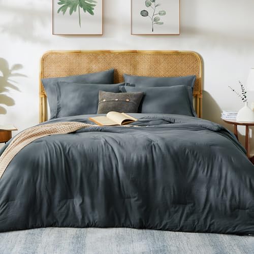 Image of Queen Comforter Set-7 Pieces Soft Prewashed Bed in a Bag Queen Bedding Sets | All Season Comforter with Sheets, Pillow Shams & Pillowcases,Blue Grey