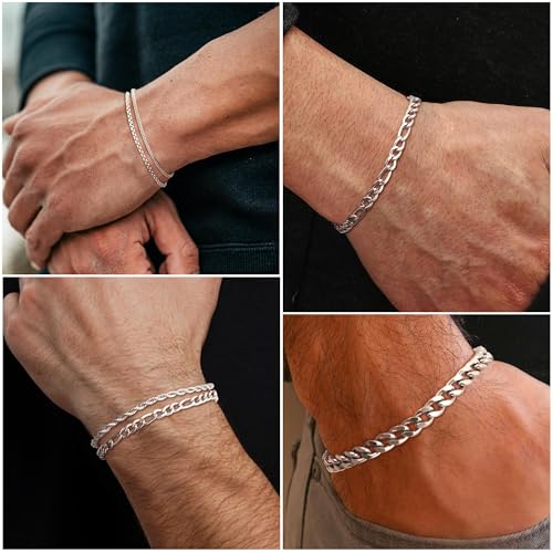 LOLIAS 5 Stück Silber Armbänder für Herren Edelstahl Armbänder Herren Gliederseil Figaro Kette Armband Set für Herren Damen Schmuck Geschenk für Männer ihn Vater Freund Ehemann