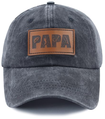 Image of Fishing Papa Hats for Men, Vintage Cotton Fishing Decor Leather Patch Baseball Cap for Dad Papa