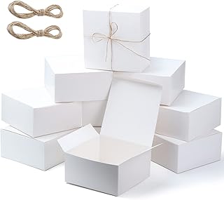 JOYIN 15 cajas de regalo de papel blanco liso con cuerdas de cáñamo, caja cuadrada de envoltura de 8 x 8 x 4 pulgadas con ...
