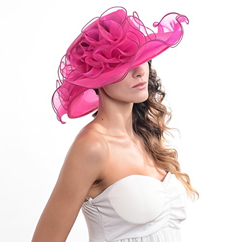 Womens Kentucky Derby Church Hat Rose Dress Fascinator Tea Party Hat Organza Hot Pink #TOP2