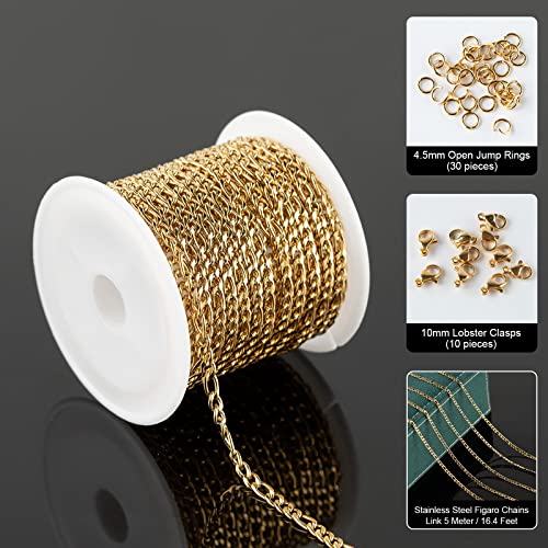 Umaokang 16.4 Feet Gold Stainless Steel Figaro Chains Link Spool Necklace Chain Bulk With Lobster Clasps And Jump Rings For Choker Necklaces Jewelry Making #TOP1