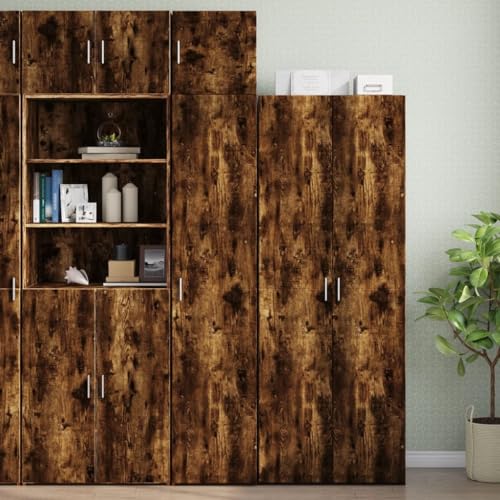 Yunovire Armario alto estrecho roble ahumado 40 x 42,5 x 225 cm, material de madera para baño con 6 compartimentos, mueble de ahorro de espacio para cocina, salón, pasillo, espacio de almacenamiento