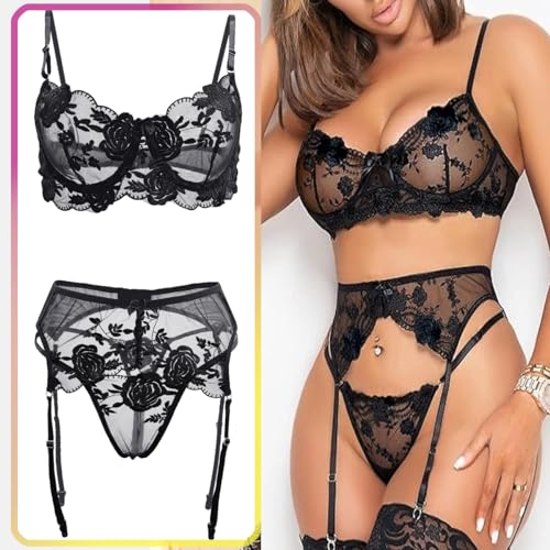 NewBull Damen Sexy Strapsen Dessous-Sets 3-Teilige Unterwäsche Set Transparent Spitze Straps Gürtel mit 4 Halter Verstellbar Bügel BH Lace Tanga Rose Schleifen Strumpfhalter (Schwarz, S)