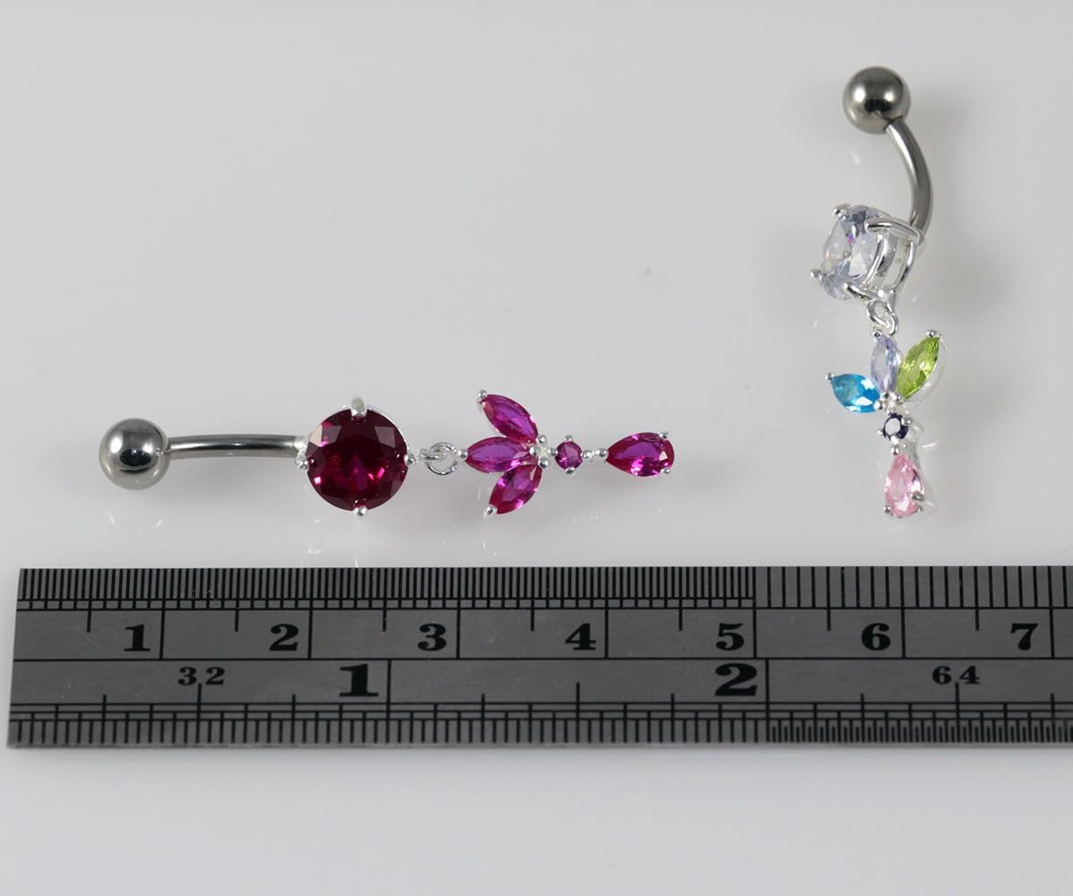 Gold Plated Cz Stone Round with Leaf and Tear Drop Dangling Design Sterling Silver with Stainless Steel Belly Ring - Belly Button jewelry - Navel jewelry - Silver Navel Ring