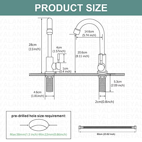 Brushed Nickel Kitchen Faucet Cold Water Only 1 Hole Single Handle 360 Degree Swivel Spout Deck Mount High Arc SUS304 Sink Bar Tap Goose Neck with Hose and Longer Thread Pipe