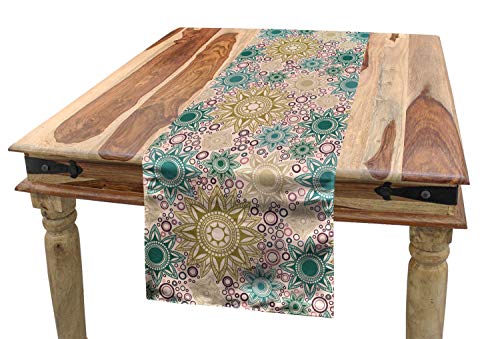 Ambesonne Mandala Table Runner, Oriental Floral Pattern With Circles Background Middle Inspirations, Dining Room Kitchen Rectangular Runner, 16" X 72", Tan Teal #TOP13