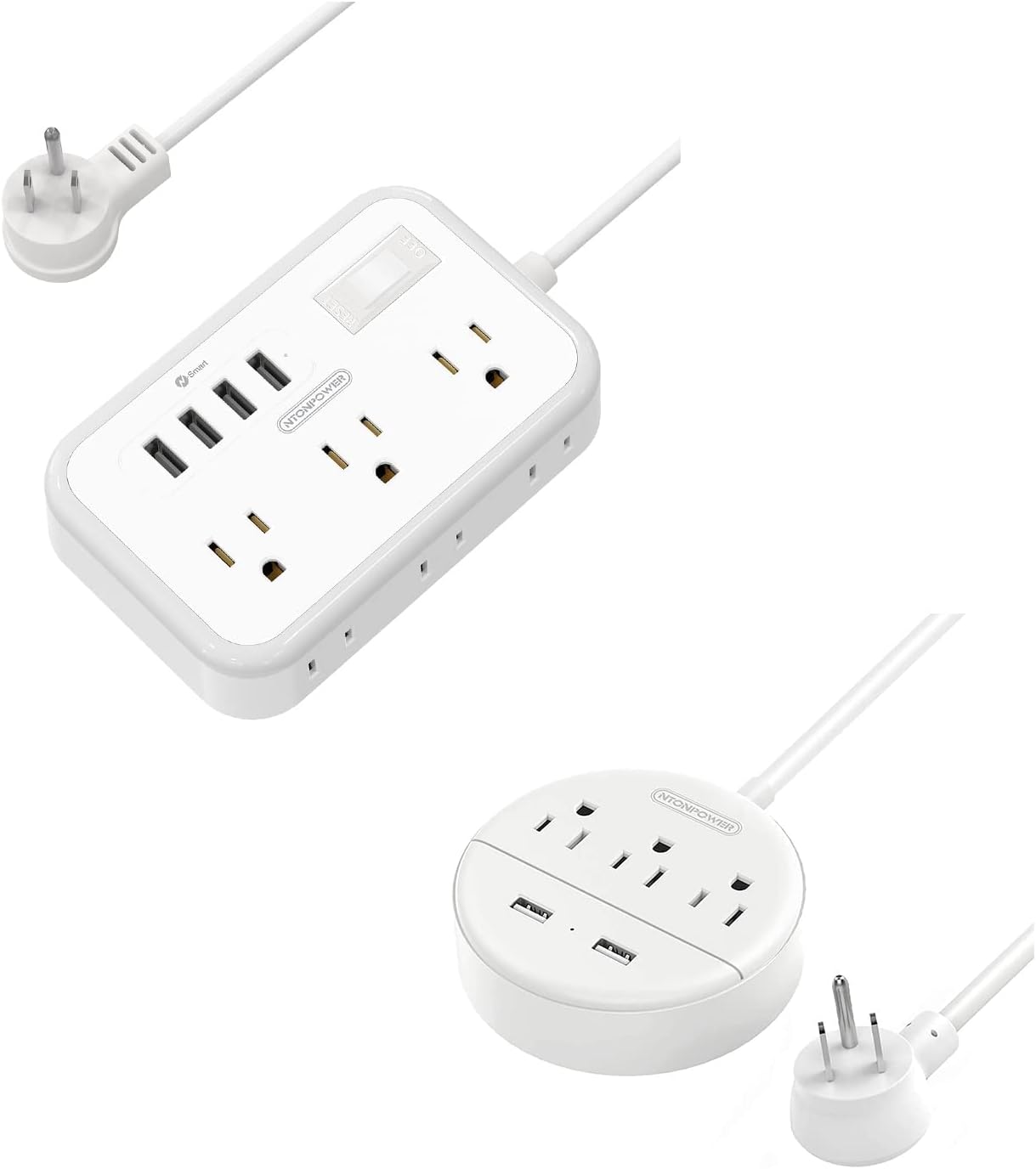 Power Strip Bundle, NTONPOWER Flat Plug Power Strip with Long Extension Cord 15ft and Short Extension Cord 5ft, Desktop Charging Station Wall Mount for Home, Dorm Room, Office and Nightstand - White