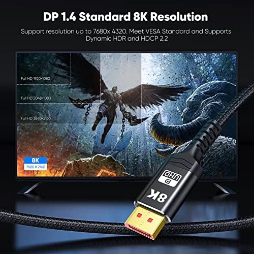 VESA Certified 1.4 DisplayPort Cable 10FT, Capshi 8K DP Cable (8K@60Hz, 4K@144Hz, 1080P@240Hz) HBR3 Support 32.4Gbps, HDCP 2.2, HDR10 FreeSync G-Sync for Gaming Monitor 3090 Graphics PC