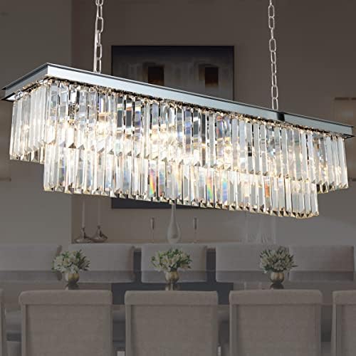 ANTILISHA Chrome Crystal Chandelier Lighting L39'' Rectangular Modern Dining Room Lighting Fixture Rectangle Light Fixture Ceiling Hanging for Kitchen Island Over Table Linear