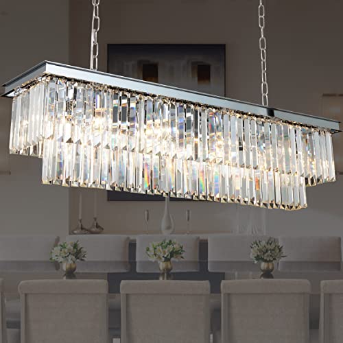 Antilisha Chrome Crystal Chandelier Lighting L39'' Rectangular Modern Dining Room Lighting Fixture Rectangle Light Fixture Ceiling Hanging For Kitchen Island Over Table Linear #TOP8