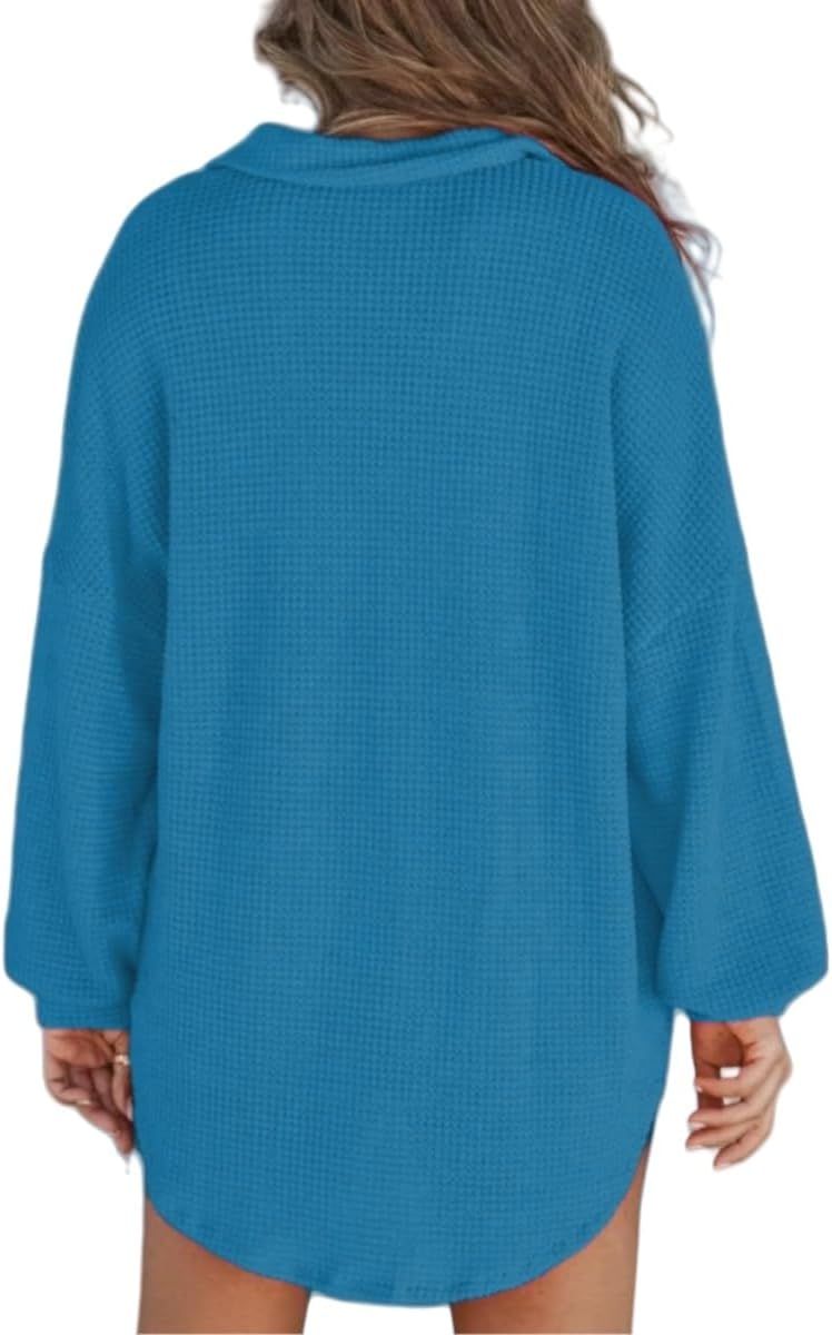 Women’s Waffle Knit Tops Loose Long Sleeve Tops Button Up Henley Shirts V Neck Solid Color Casual Tunic Pullover Tops - Image 2
