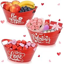 3 Pack Valentines Day Baskets for Gifts 9" x 3.5" Empty Gift Basket with Handle Red Love You Plastic Oval Gift Bucket Happy Valentines Day Decorative Container for Valentines Party Favors