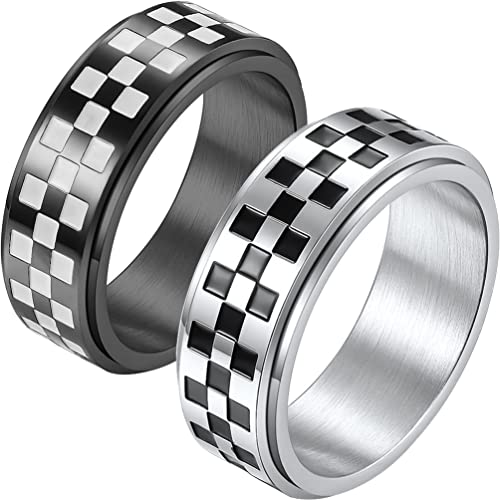 Vuzalrano 2Pcs 8Mm Unisex Comfort Fit Stainless Steel Wedding Band Black White Blocks Pattern Ring Checkerboard Checkered Flag Racing Spinner Ring Size10 #TOP25