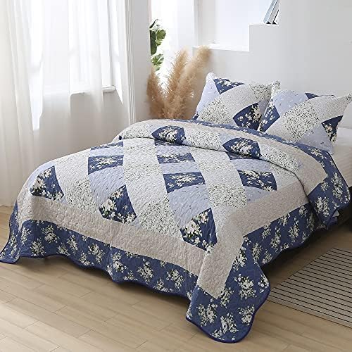Patchwork Quilted Bedspread Coverlet Set Double Size Blue Floral Quilt Set 3-Piece 220 x 240 cm Reversible Stitched Bedding Set Bed Cover Throw Blanket with Pillow Shams for All Season