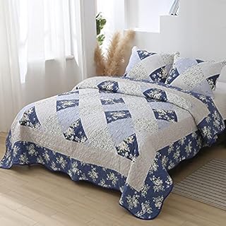 Patchwork Quilted Bedspread Coverlet Set Double Size Blue Floral Quilt Set 3-Piece 220 x 240 cm Reversible Stitched Bedding Set Bed Cover Throw Blanket with Pillow Shams for All Season