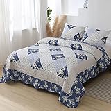 SISJULY Patchwork Quilt Set Full Queen Size 3-Piece Blue Quilted Bedspread Coverlet Set Floral Reversible Stitched Comforter Bedding Set Bed Cover Blanket with Pillow Shams for Full/Queen Size Bed