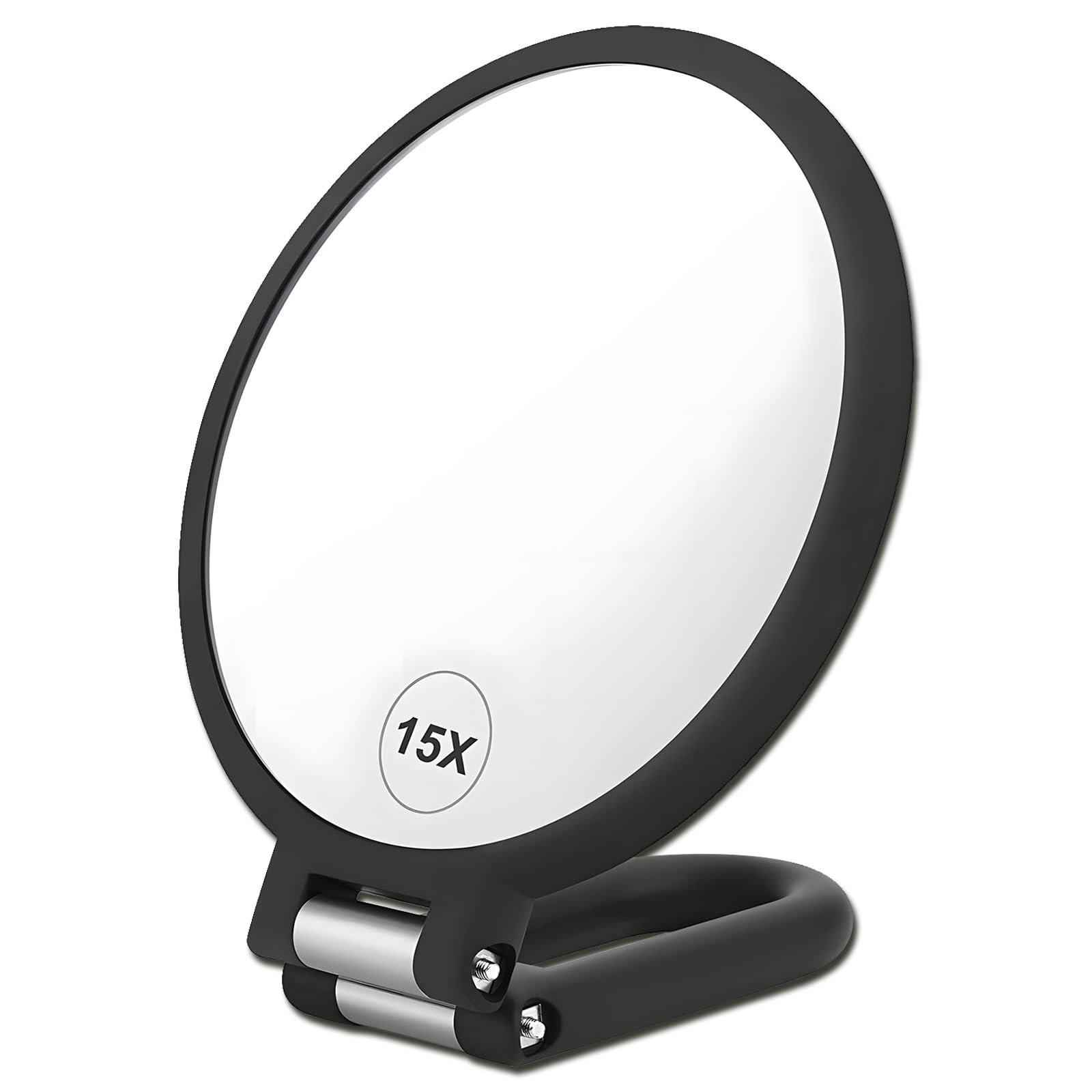 Black Magnifying Handheld Mirror Double Sided, 1X & 15X Magnification, Travel-Friendly Folding Design, Adjustable Rotation for Makeup Vanity Desk-image-25