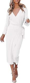 BLIBUNALA Women's Elegant Dress V Neck Sexy Sweater Casual Loose Long Sleeve Wrap Front Backless Bodycon Long Knit Midi Slit Open Slim Fit Back Dresses Autumn Winter Party Elegant Tunic Dresses