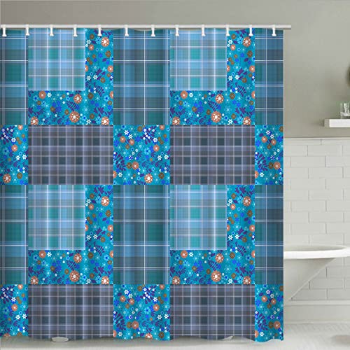 Blue Green Patchwork Floral Shower Curtain Vintage Plaid Country Flower Bath Curtain Geometric Lattice Polyester Fabric Bathroom Decor 72X72 Inches #TOP30