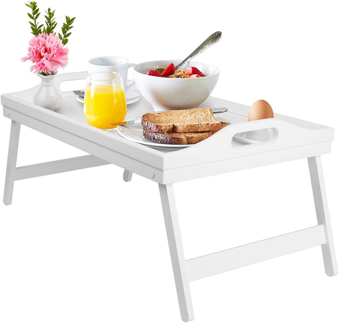 Bed Tray Table Breakfast Platters Tray with Folding Legs Wooden Kitchen Serving Tray for Bed TV Table Desk,Laptop Computer Snack Tray White