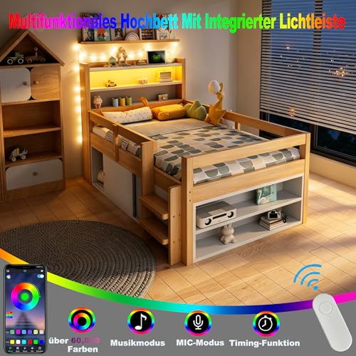 Cama individual con puertos USB y luces LED integradas en madera 7