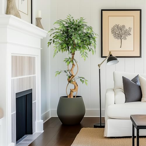 GarveeHome Ficus Artificial Tree with Curved Trunk,4 Feet Faux Plant Fake Silk Trees with White Pot, Fake Ficus Tree for Home Decor, Artificial Plants Indoor for Indoor Office Living Room