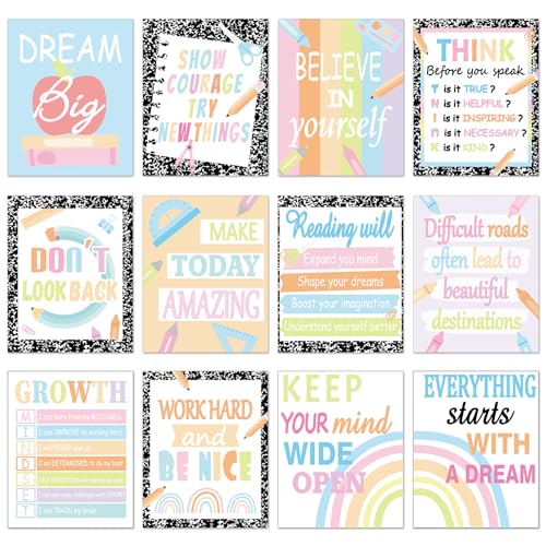 12PCS Motivational Posters for Classroom Growth Mindset Educational Wall Art for Teachers Inspirational Positive Bulletin Board Decorations Elementary Middle High School Wall Decor（Pastel）
