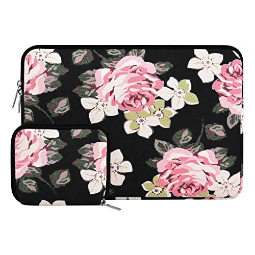 MOSISO Canvas Rose Pattern Sleeve Bag with Small Case Compatible with 13-13.3 inch Laptop, Pure Black